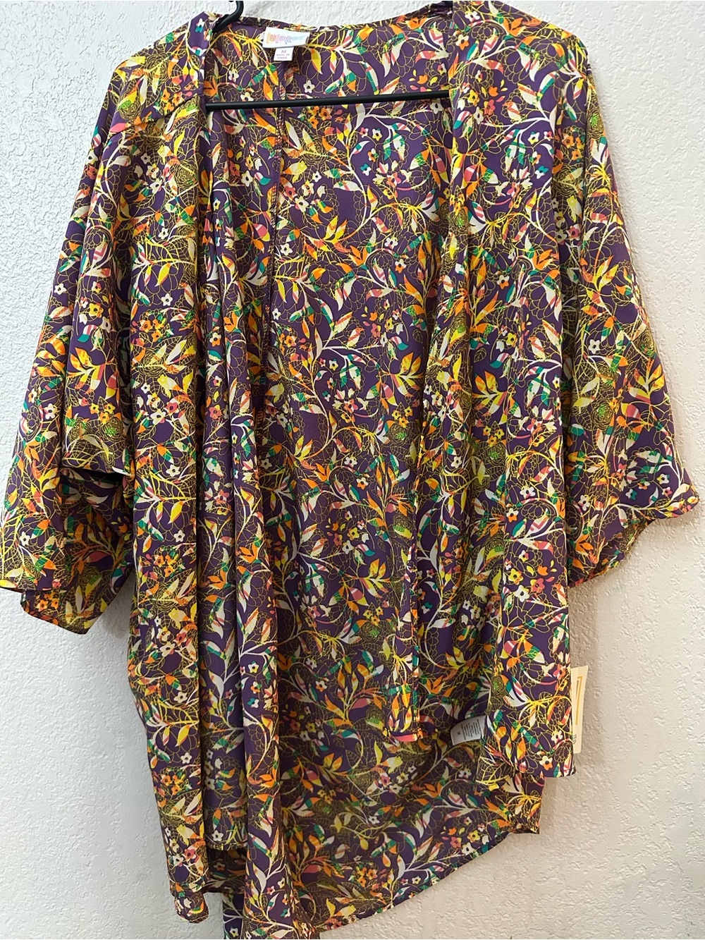 LuLaRoe Floral Vine Kimono Cardigan in Purple, Yellow, Green